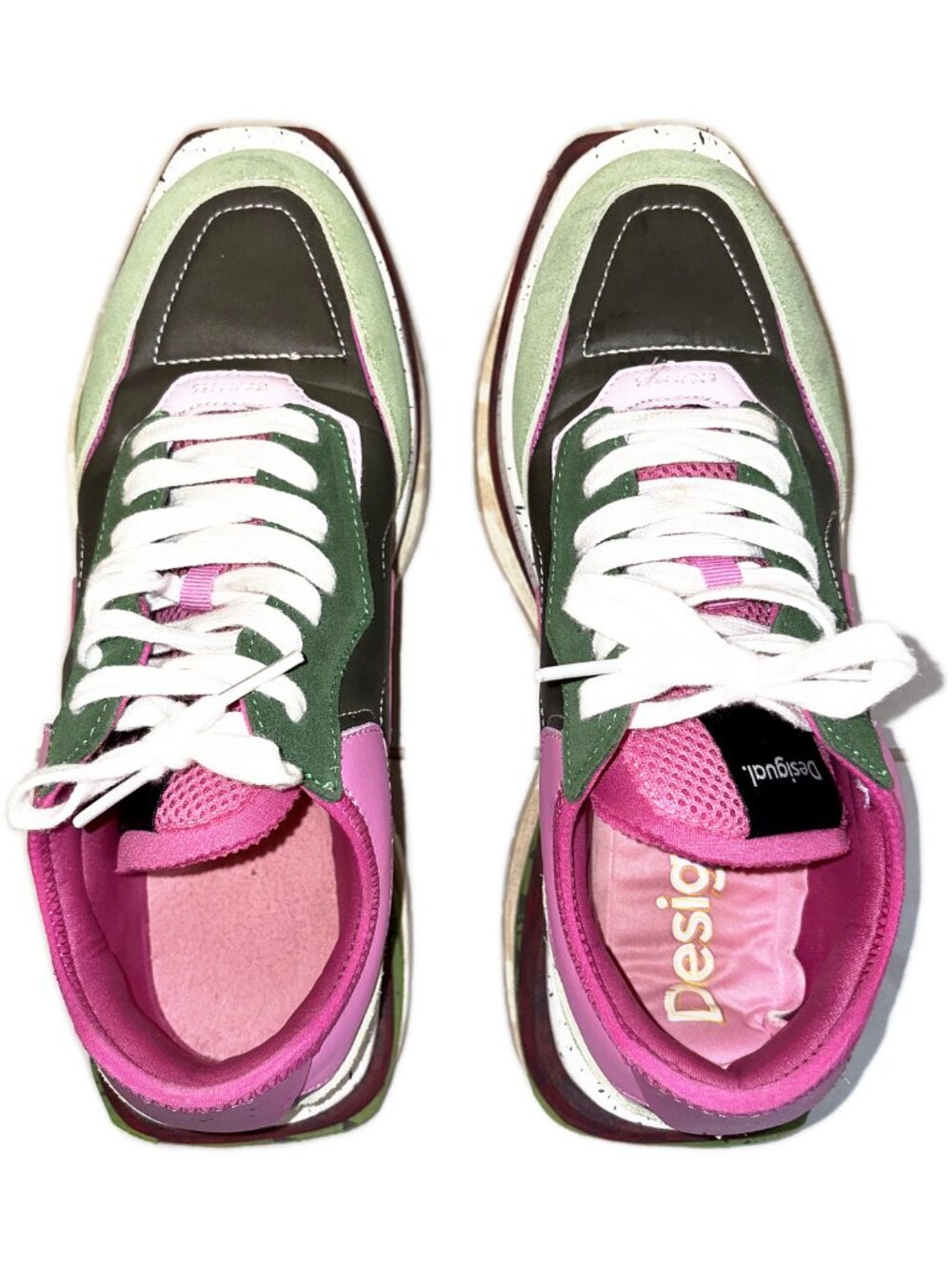 Desigual Colourblock Sneaker Pink Green Olive Suede Runner EUR 41 US 10
